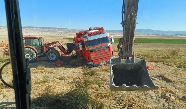 22 ton soğan yüklü tır tarlaya saplandı